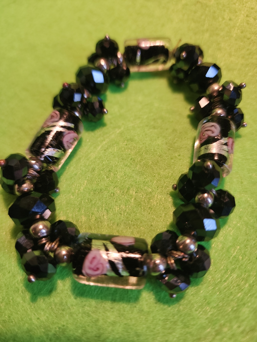Black Glass Bead Bracelet with Pink Rose Accents